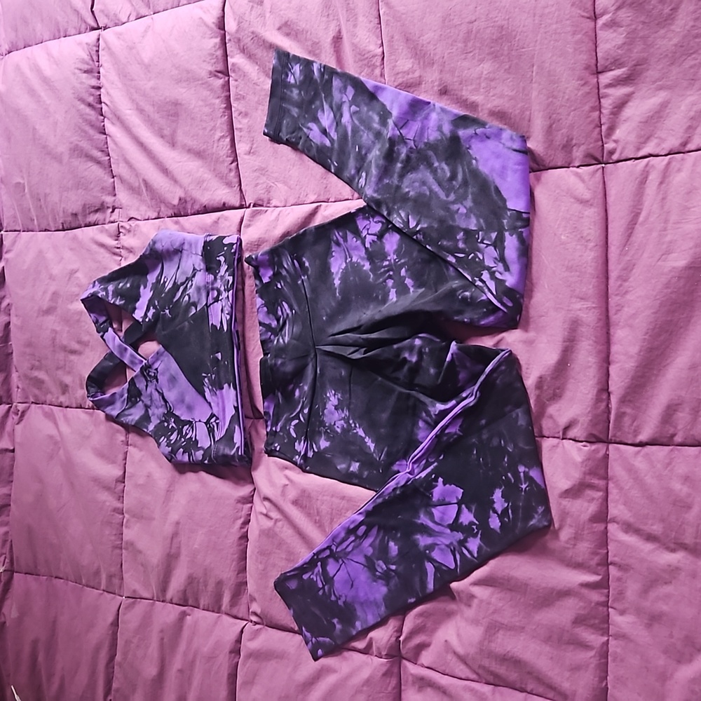 Black & Purple Tie-dye Margarita Leggings & Wrap / Cross bk Bra Top Set Size M